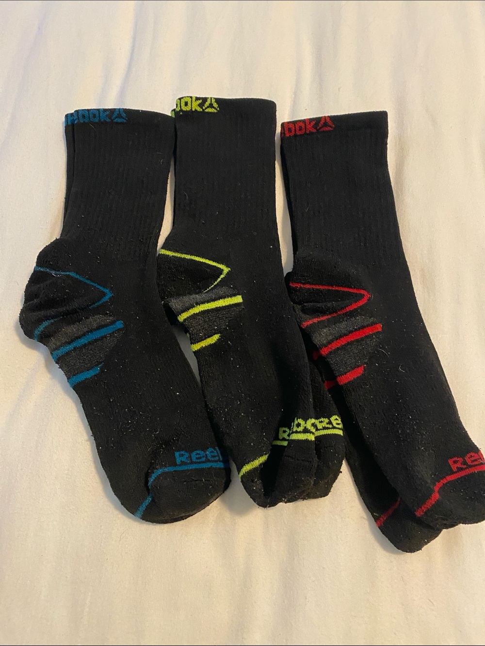 Reebok kids Black Crew Athletic Socks with Blue, Lime & Red Accents - 3 Pack